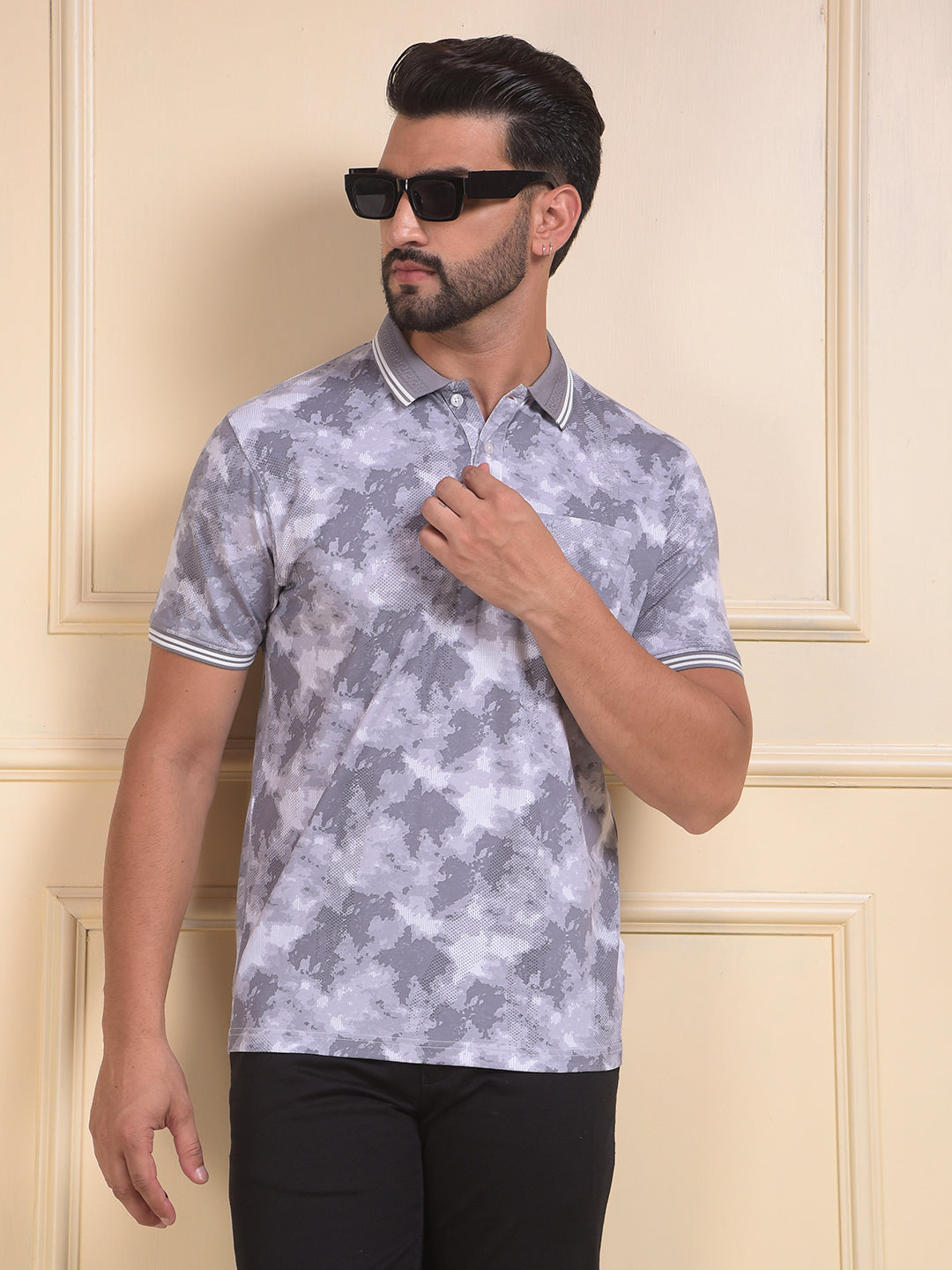 Grey Abstract Print Polo Neck T-Shirt