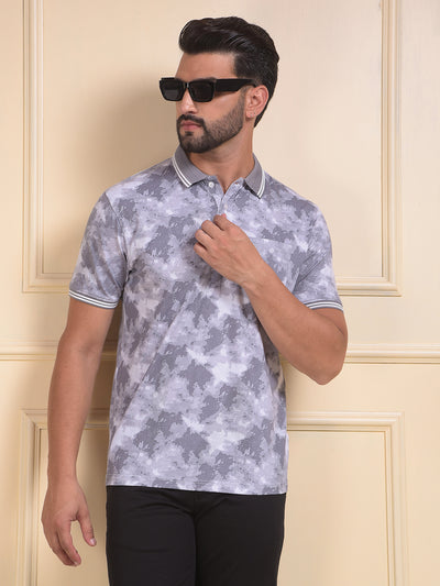 Grey Abstract Print Polo Neck T-Shirt