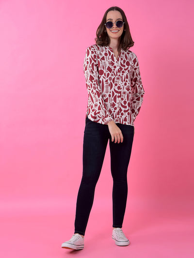 Maroon Printed V-Neck Shirt