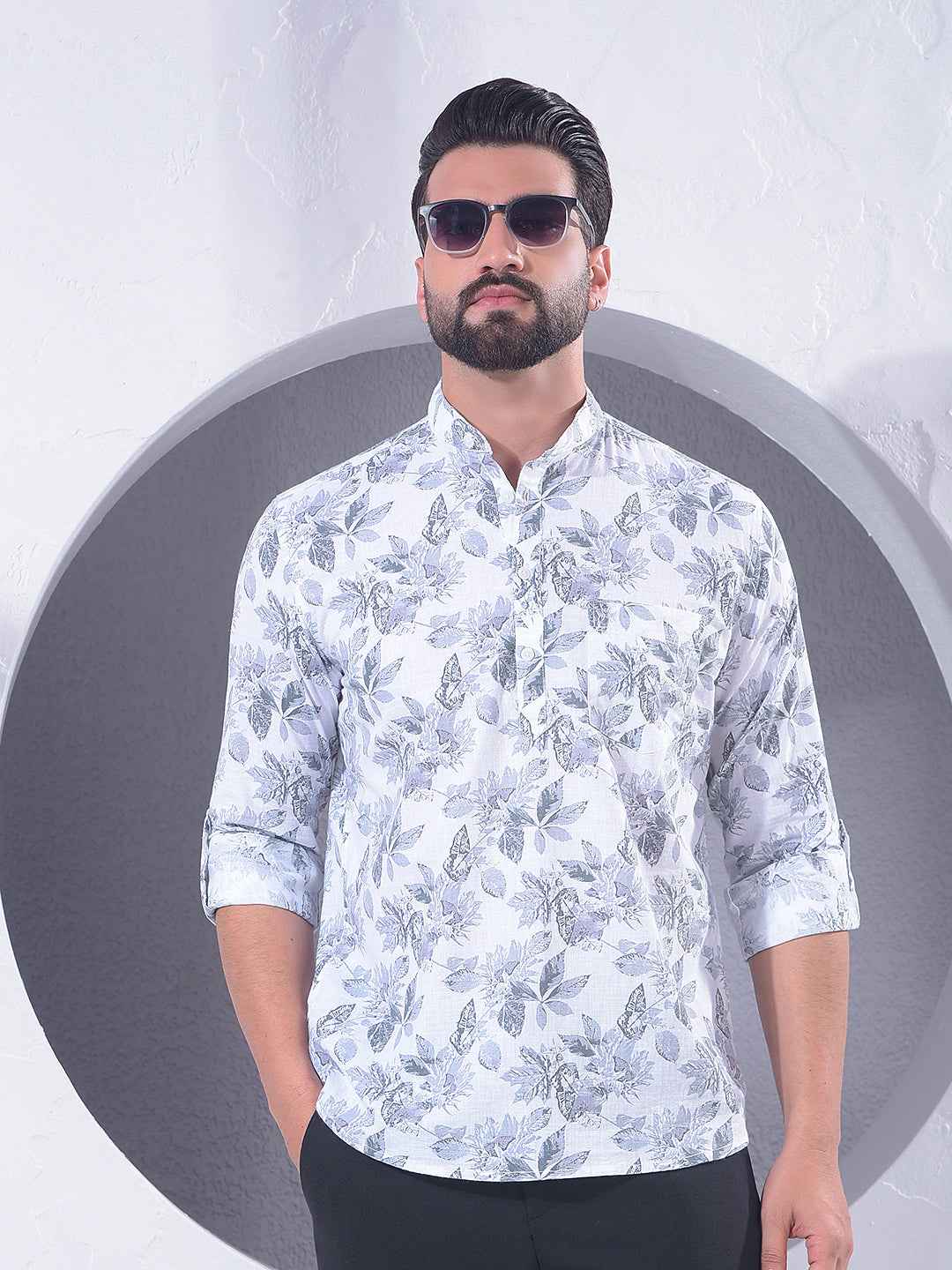 Grey Floral Print 100% Cotton Kurta