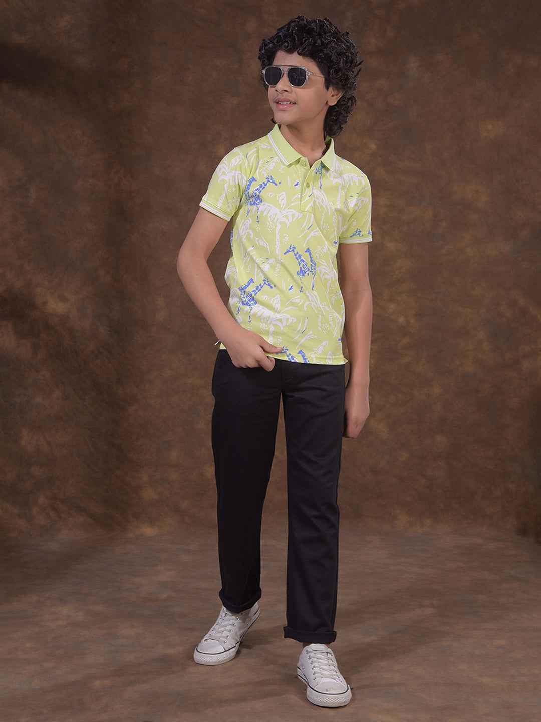 Green Floral Print Polo Neck T-Shirt
