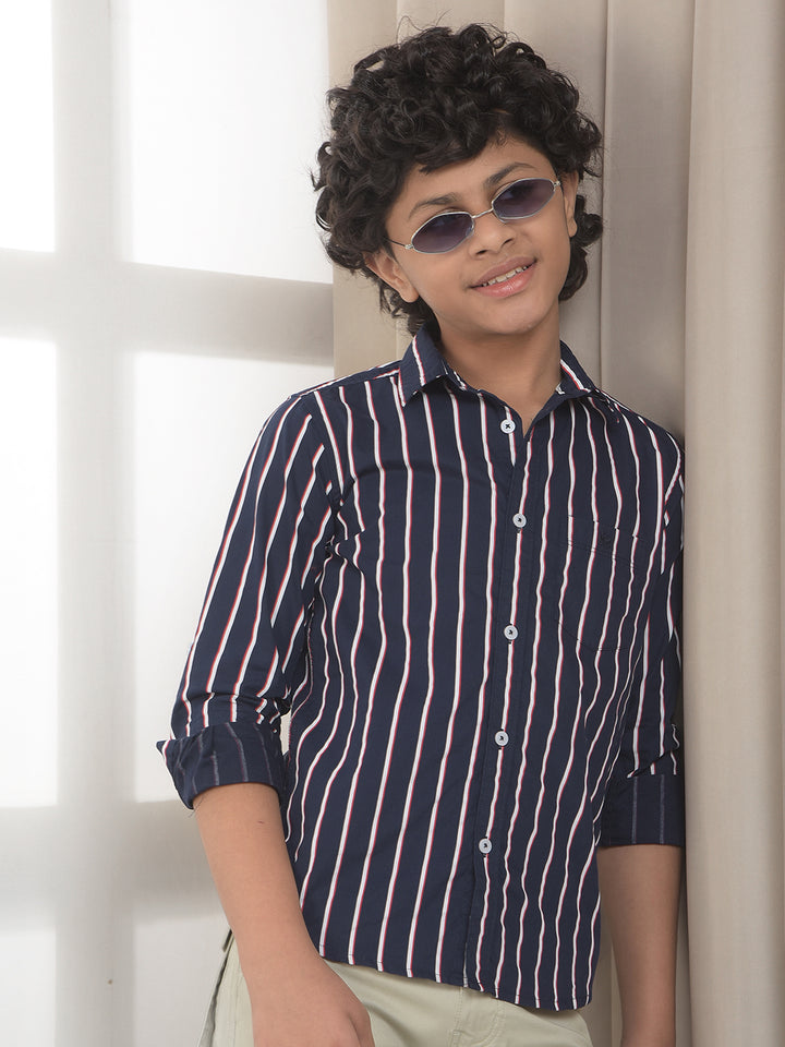 Navy Blue 100% Cotton Striped Shirt