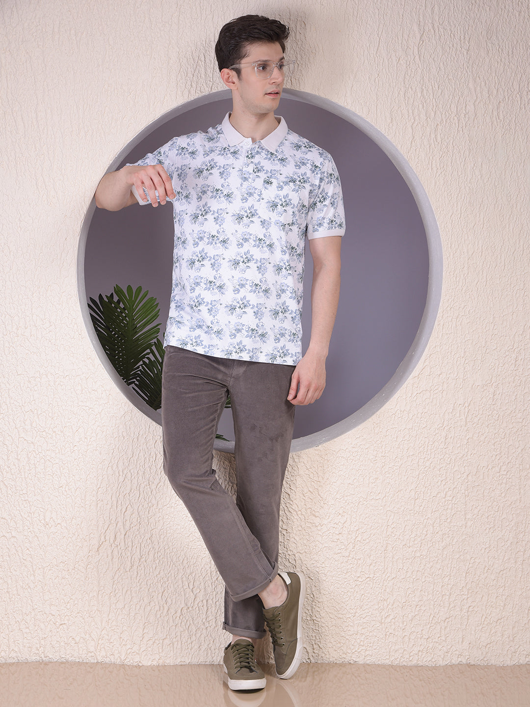 Green Floral Print Polo-Neck T-Shirt