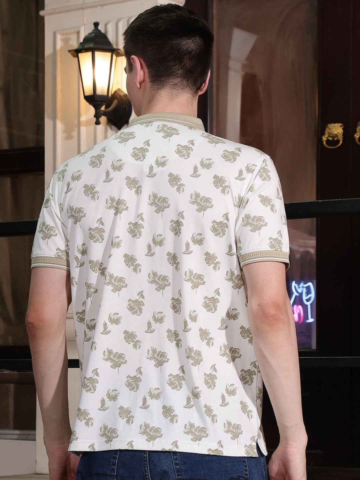 Brown Floral Print Polo Neck T-Shirt