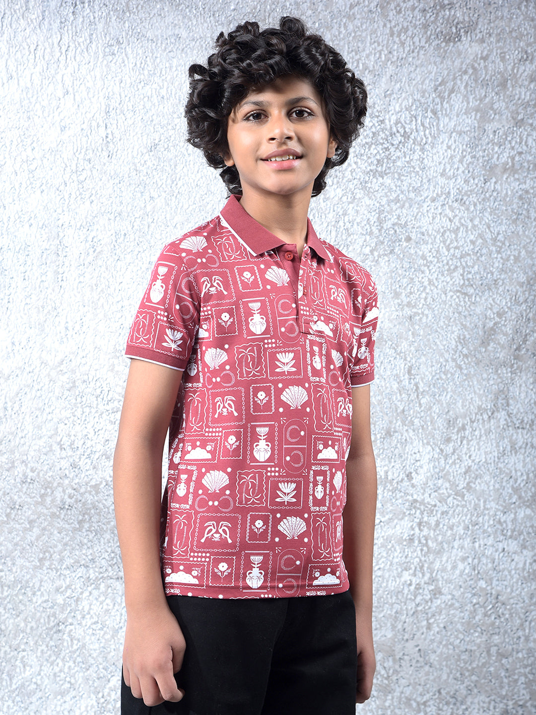 Pink Printed Polo Neck T-Shirt
