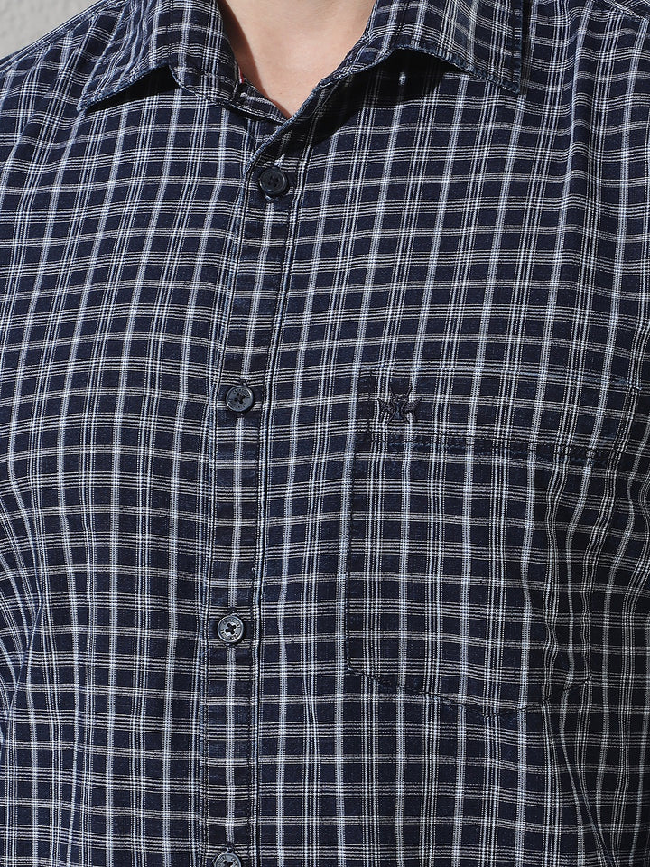 Navy Blue 100% Cotton Checked Shirt