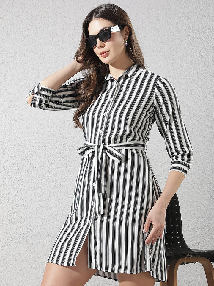 Black Vertical Stripes Belted Mini Shirt-Dress