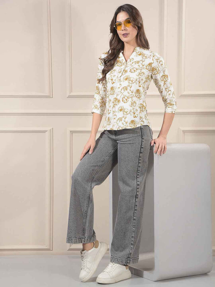 Olive Floral Print V-Neck 100% Cotton Top