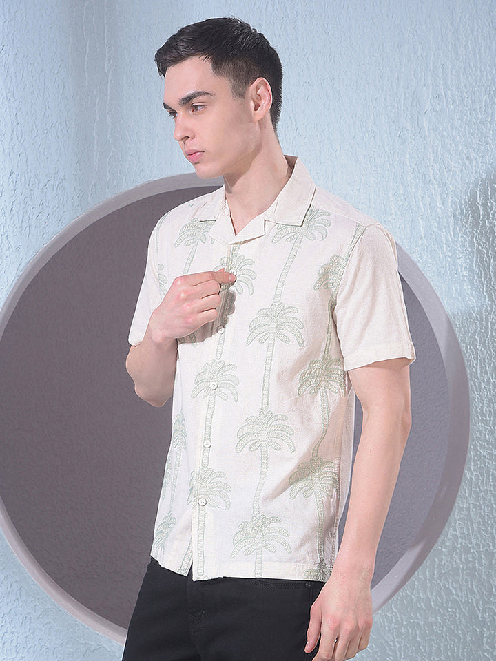 Beige Embroidered Resort-Collar Linen Shirt