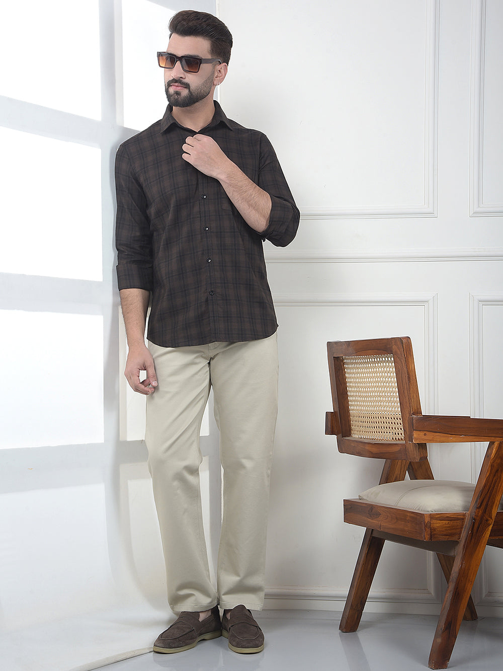 Beige Straight Dobby Trousers