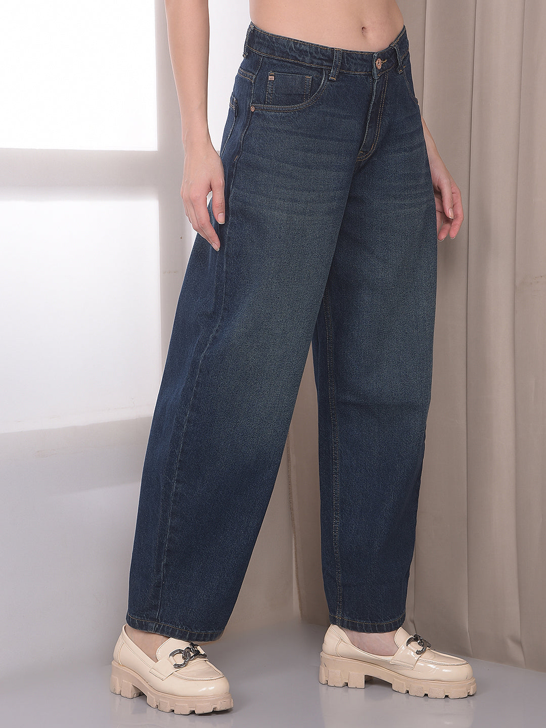 Blue 100% Cotton Barrel Fit Jeans