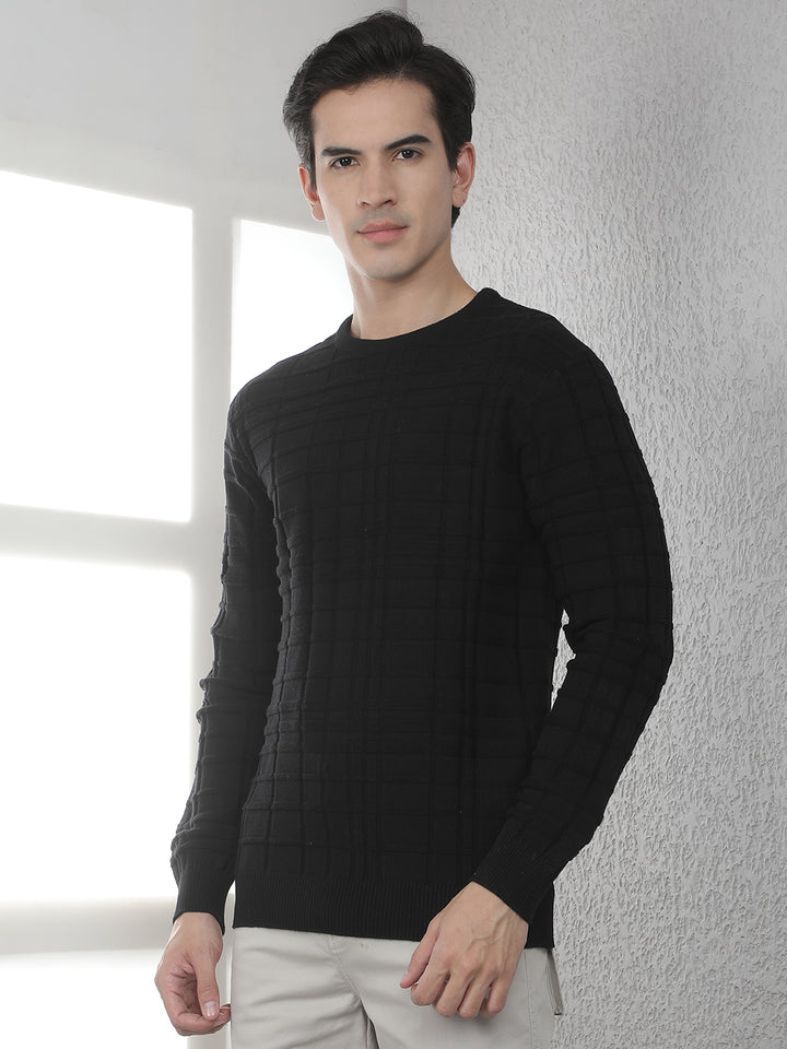 Black Jacquard Round Neck Sweater