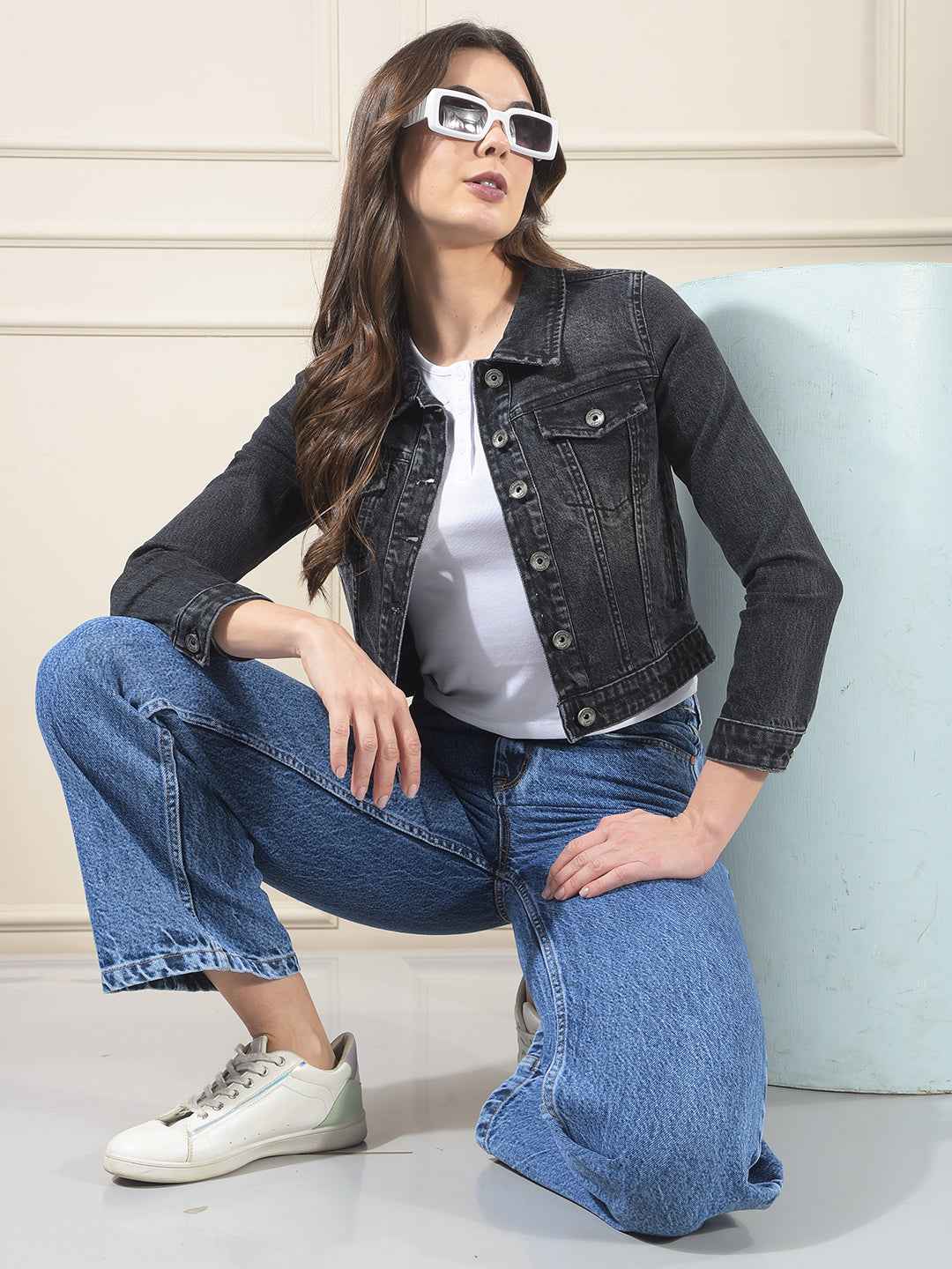 Black 100% cotton Crop Denim Jacket