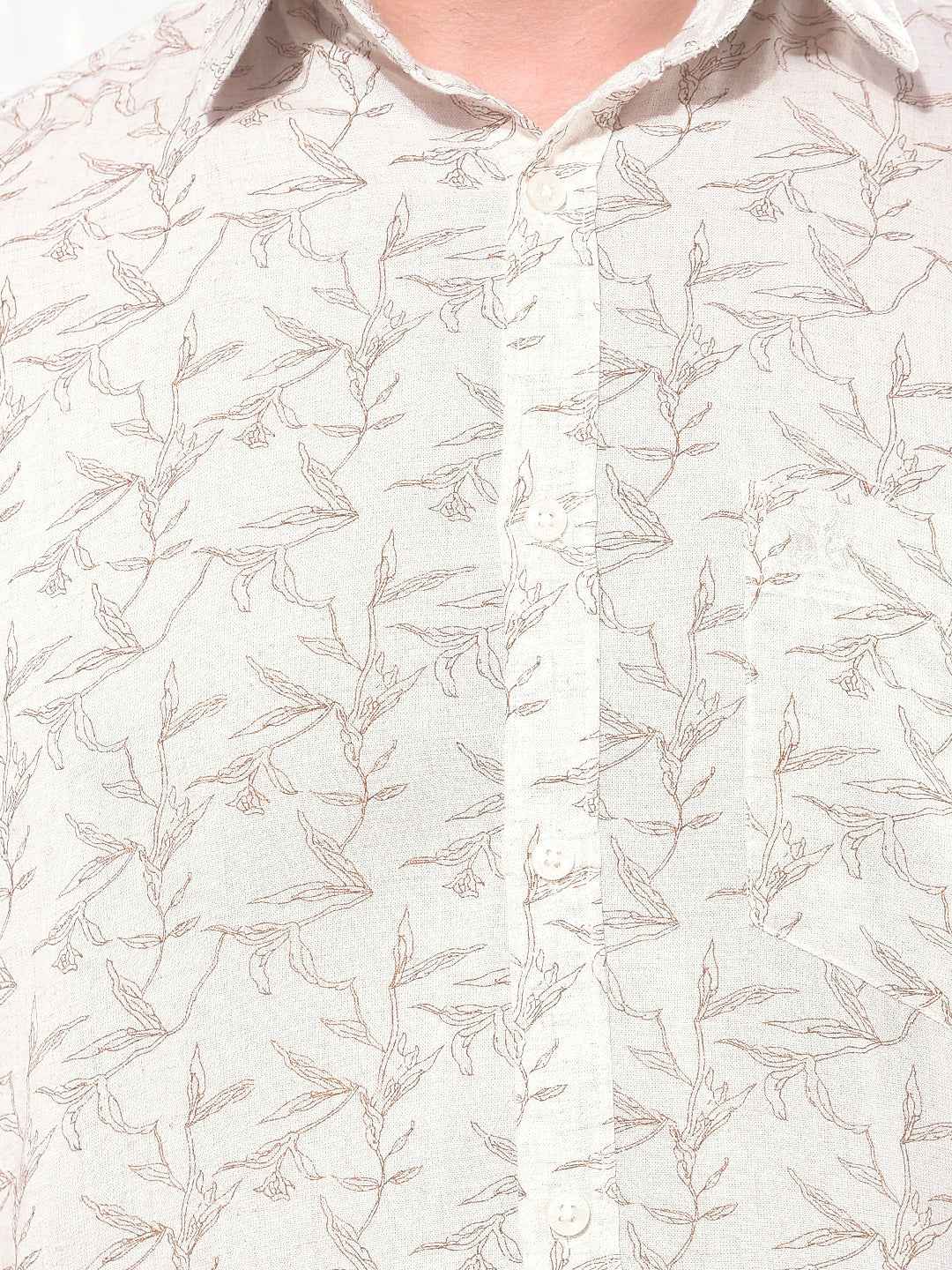 Beige Floral Print Linen Shirt