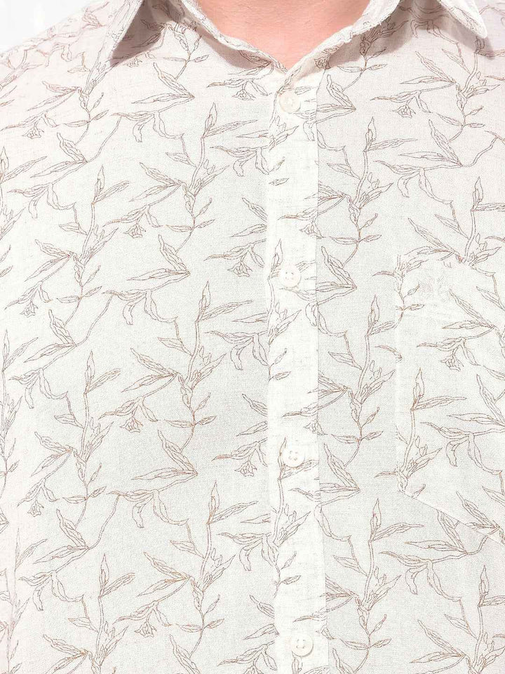 Beige Floral Print Linen Shirt