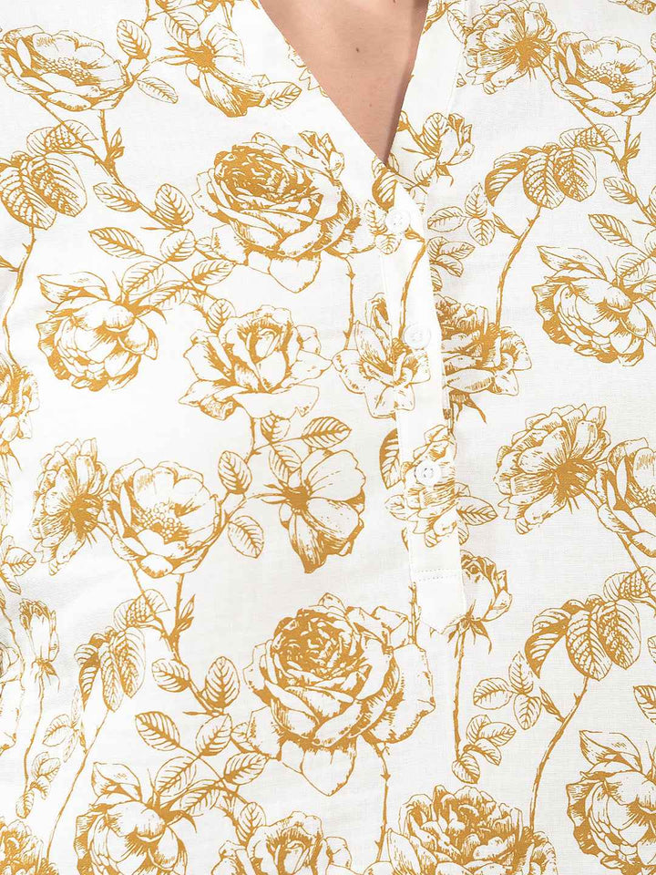Olive Floral Print V-Neck 100% Cotton Top
