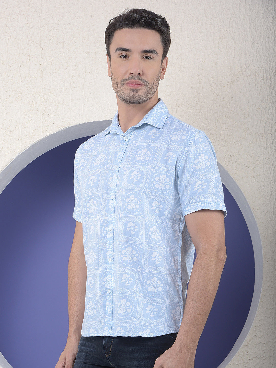 Blue Floral Printed 100% Cotton Shirt