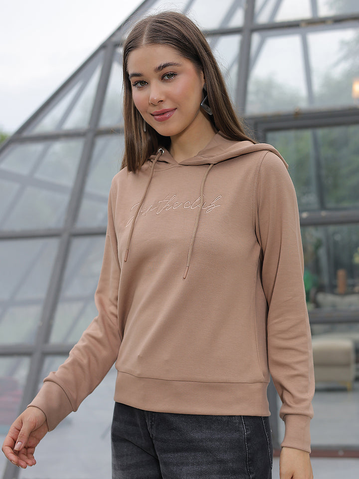 Beige Typographic Print Hooded Neck Sweatshirt