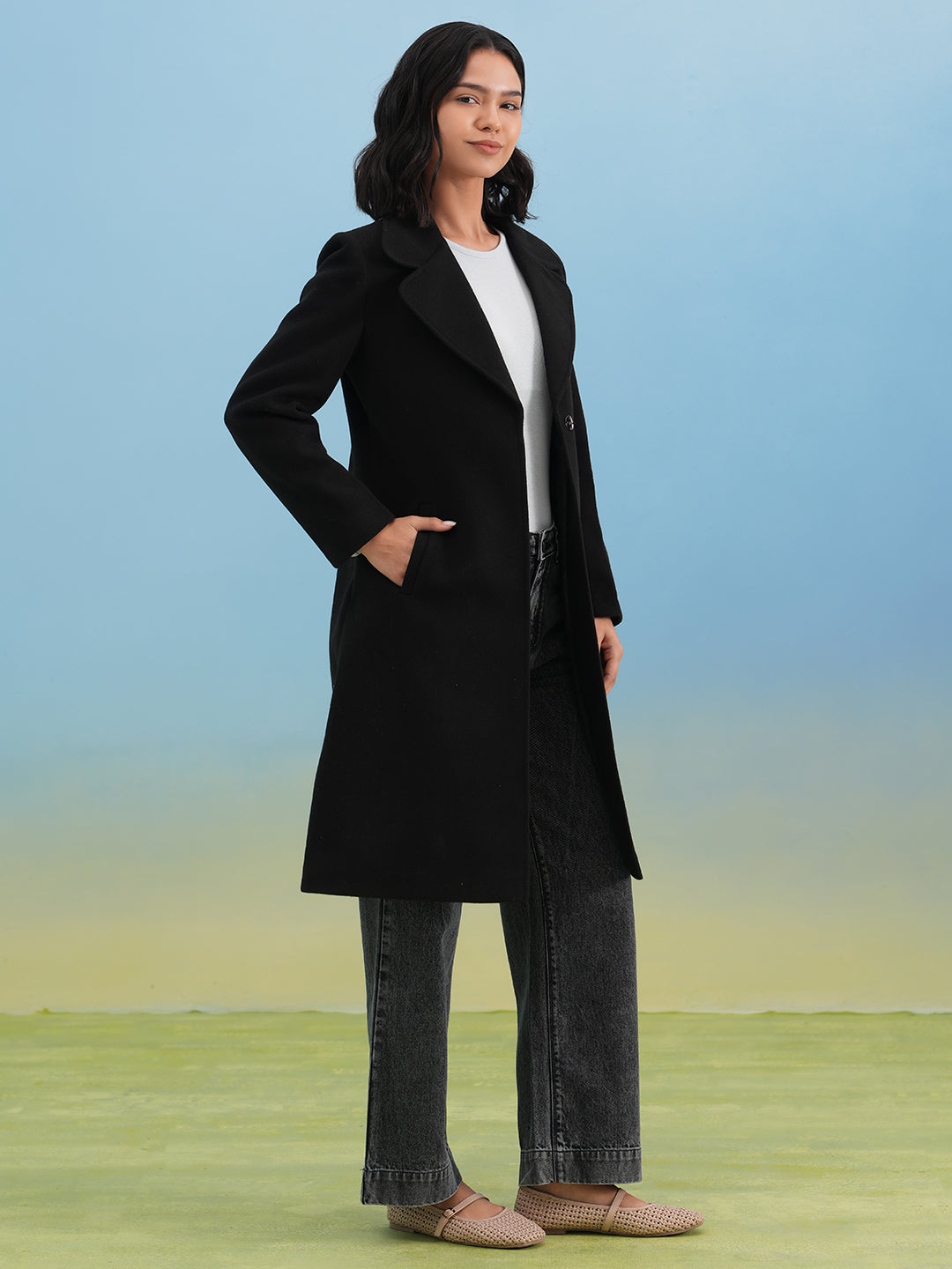 Black Notched-Lapel Over-Coat