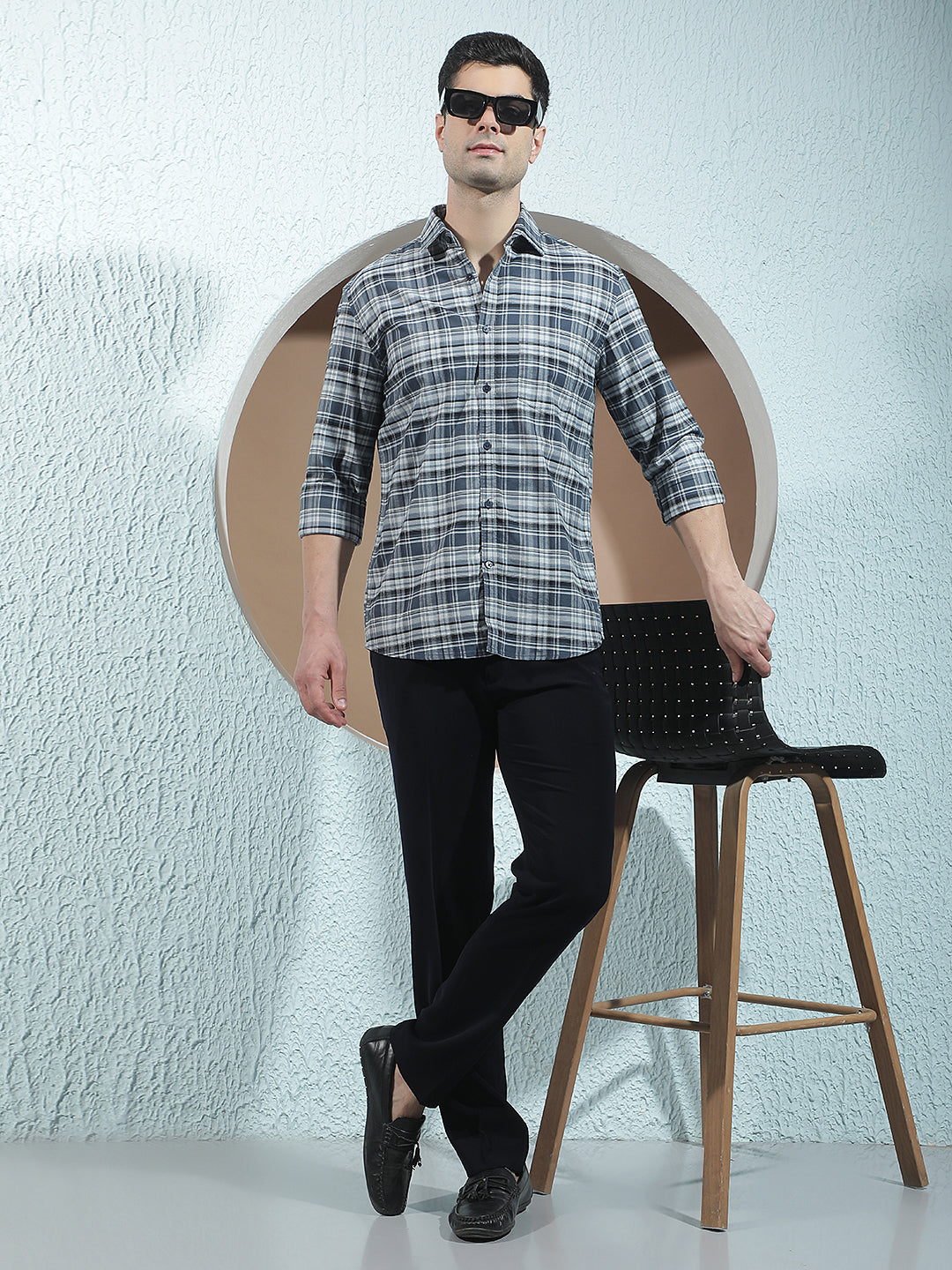Navy Blue 100% Cotton Checked Shirt
