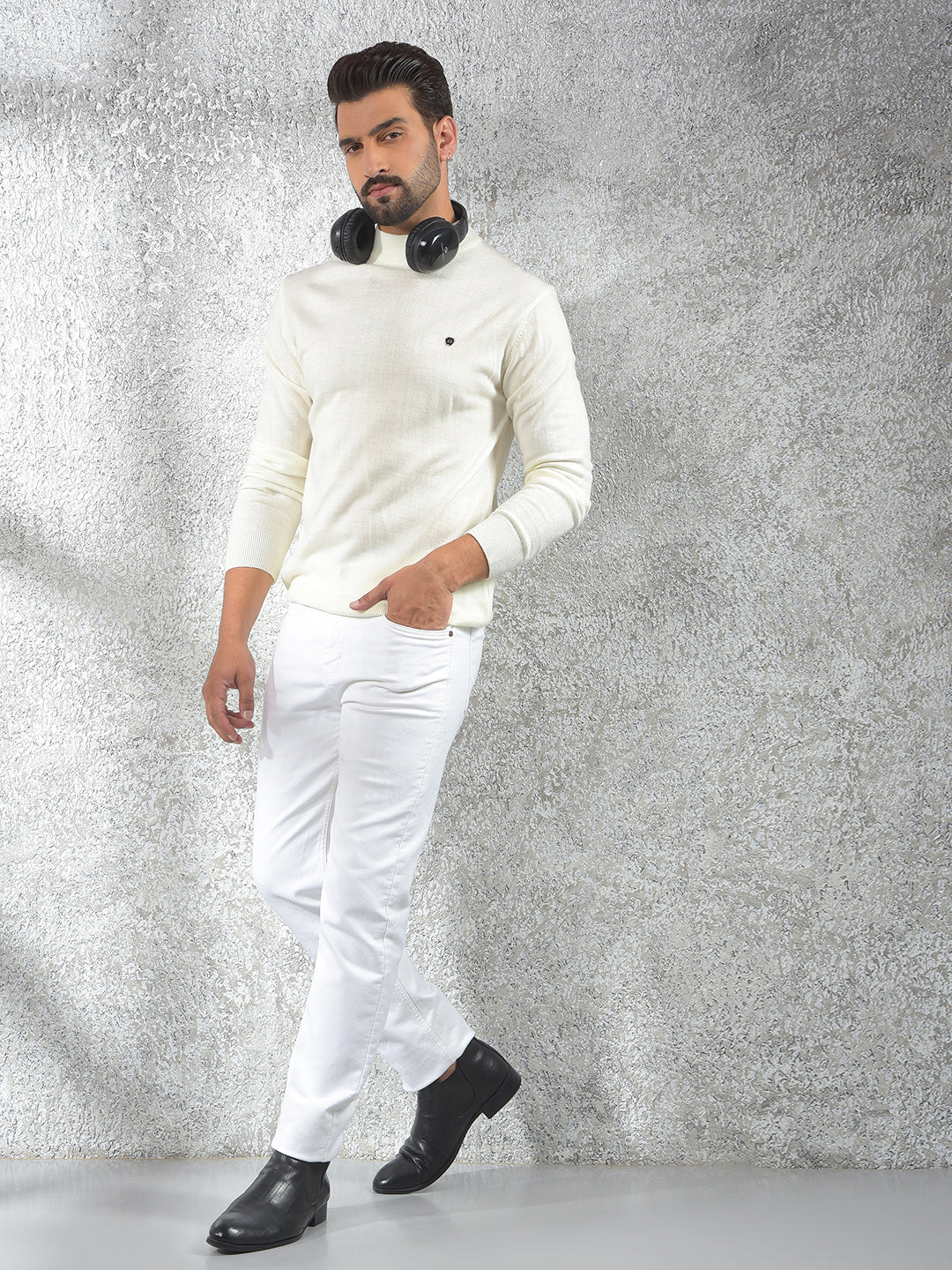 Off White High-Neck Knitted Sweater