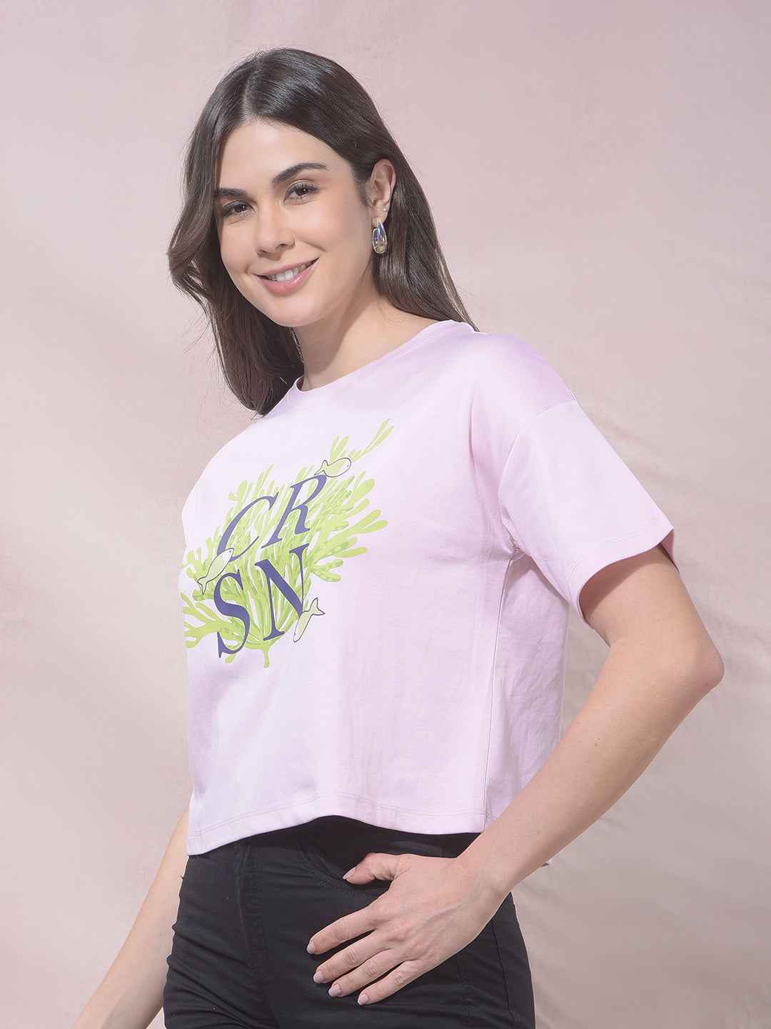Pink Typographic Print Cropped T-Shirt