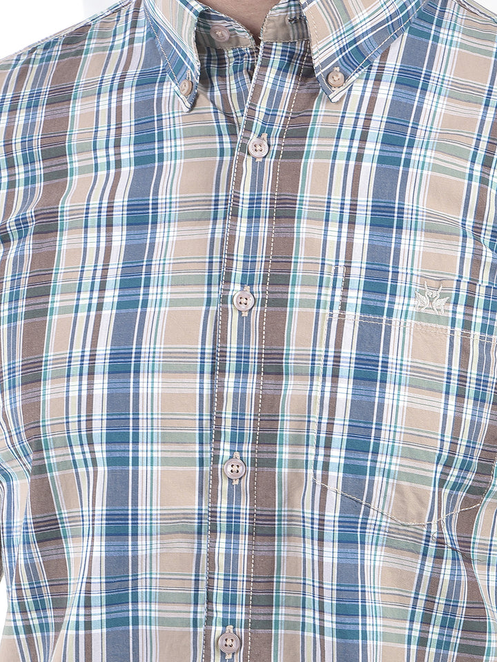Brown Checked 100% Cotton Button-Down Collar Shirt