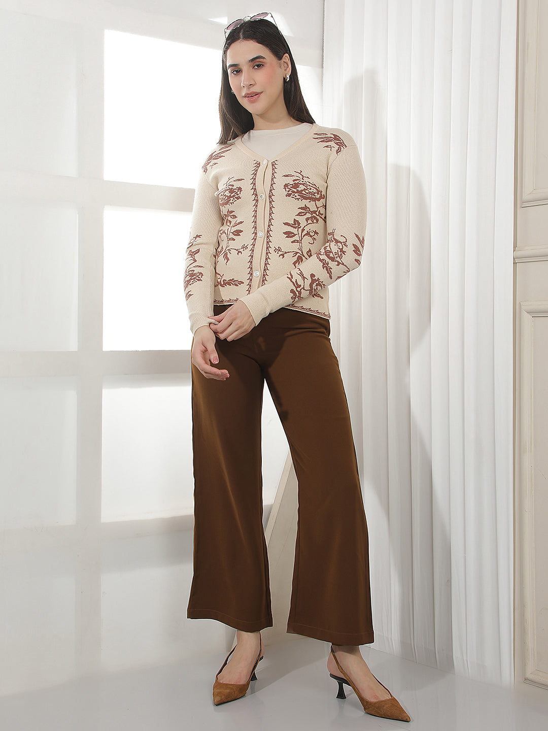 Beige Floral Print V-neck Cardigan