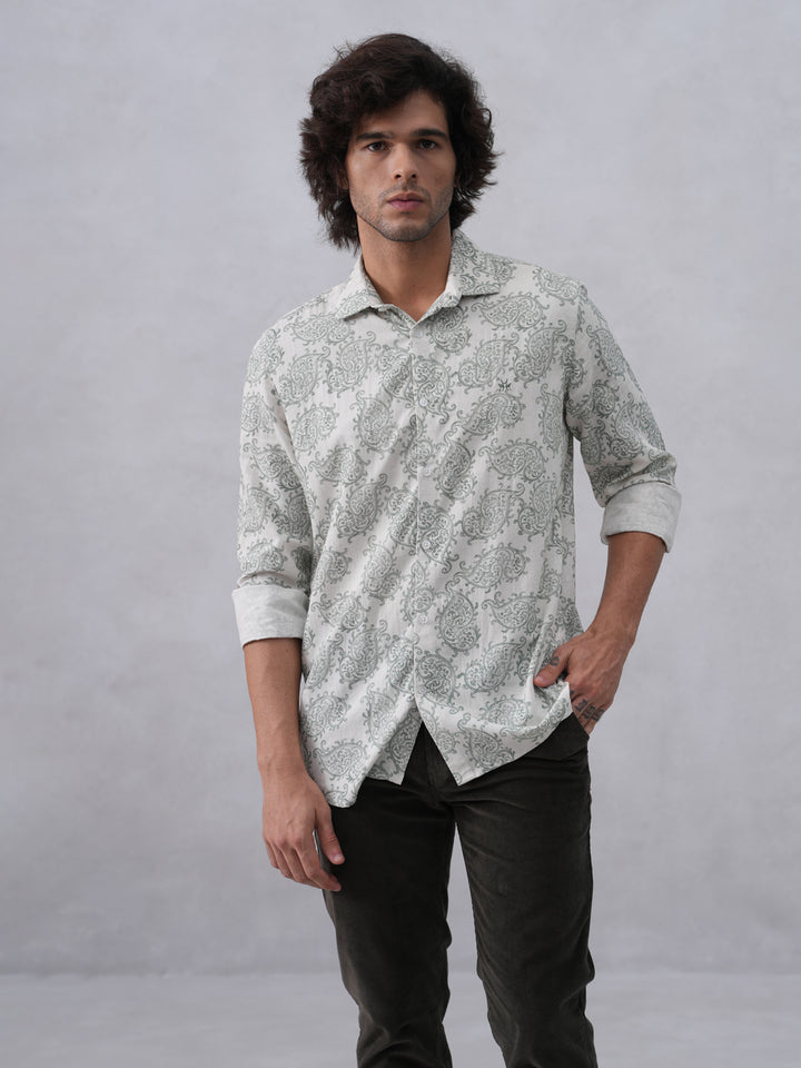 Green Printed Linen Shirt