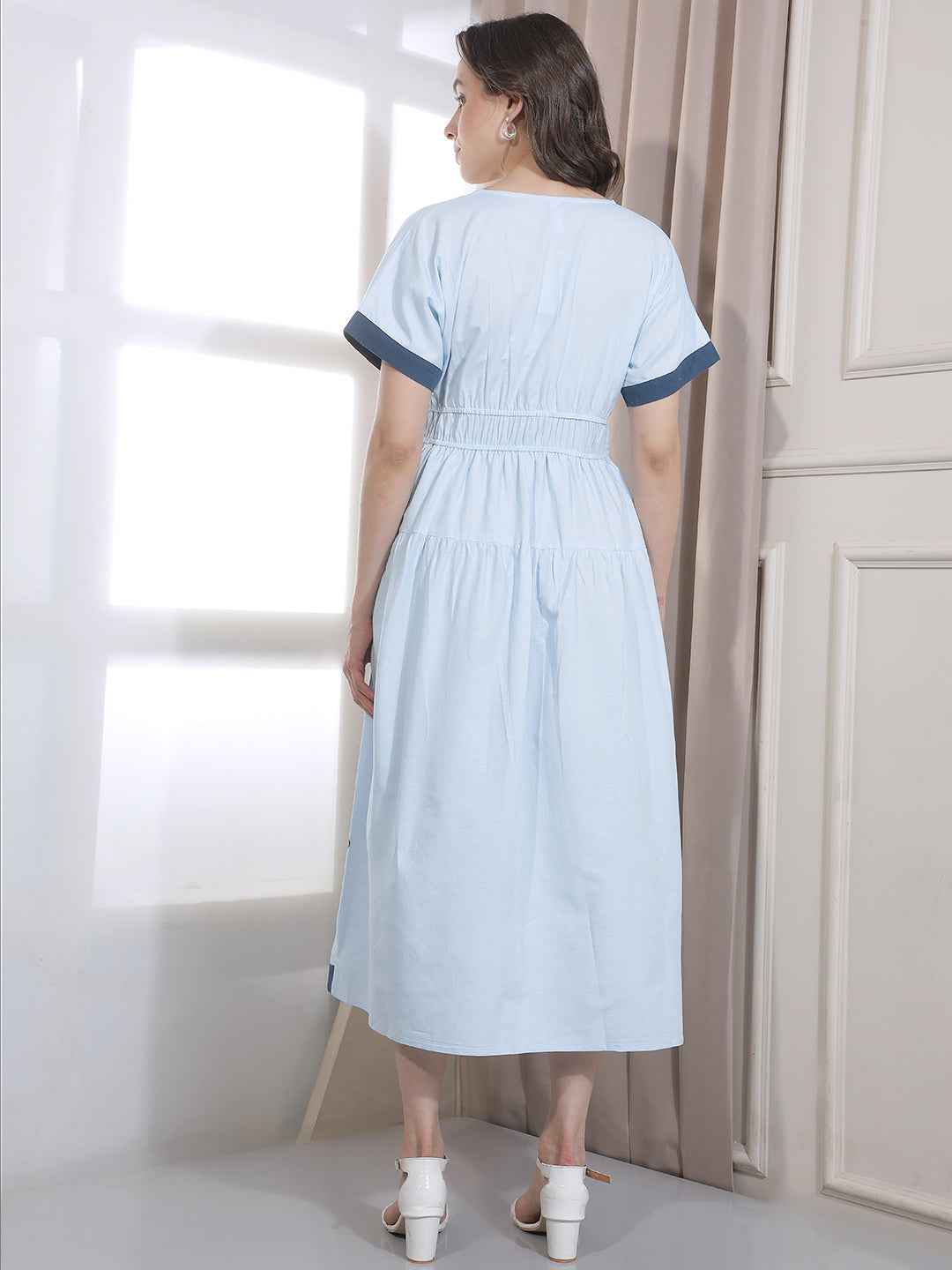Blue Embroidered V-Neck A-Line Midi  Dress