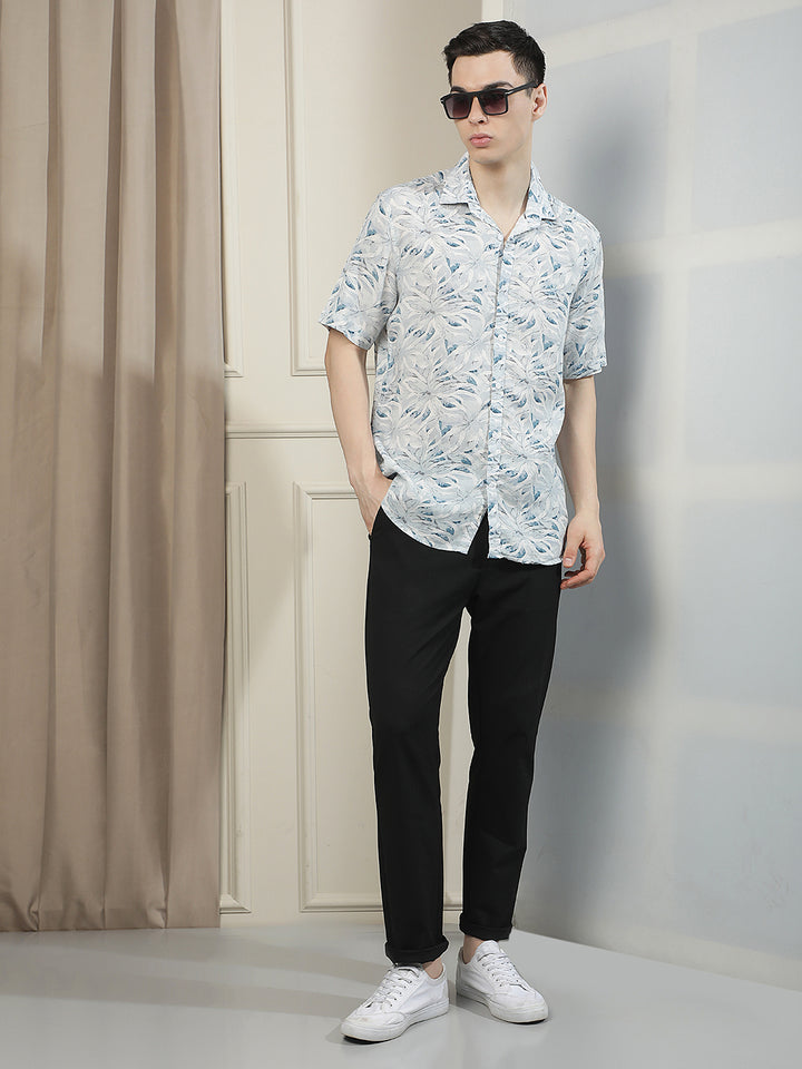 Blue Linen Floral Printed Shirt