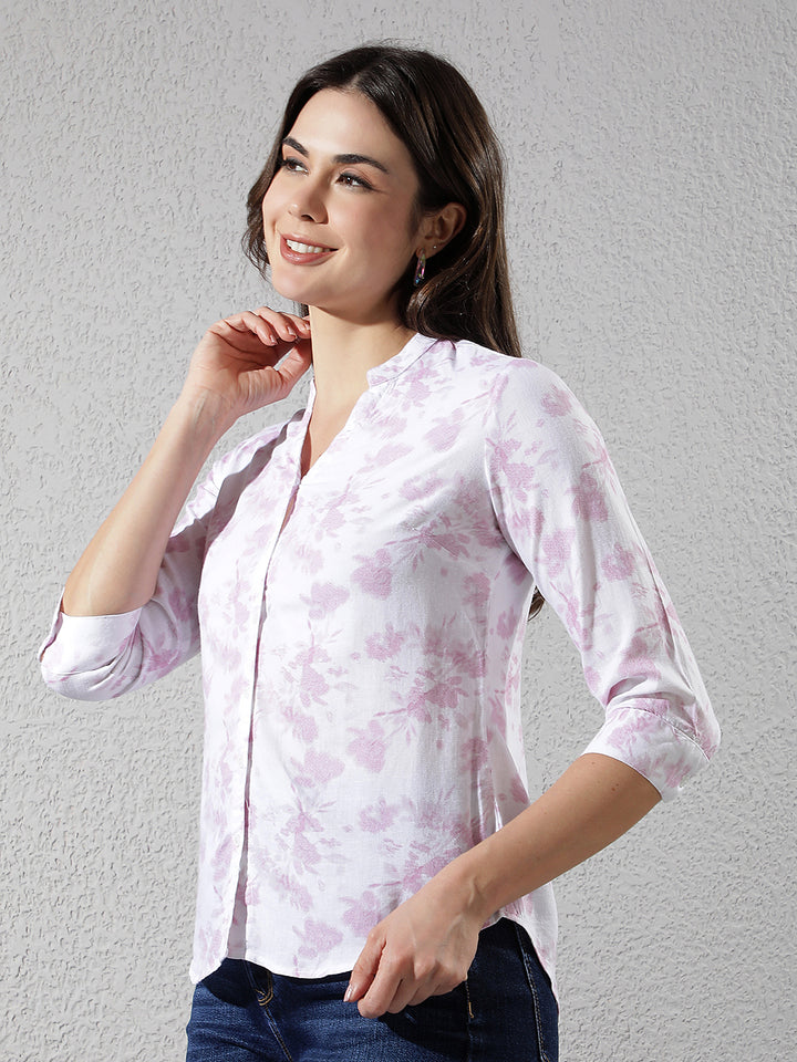 Pink Floral Print V-Neck Linen Shirt