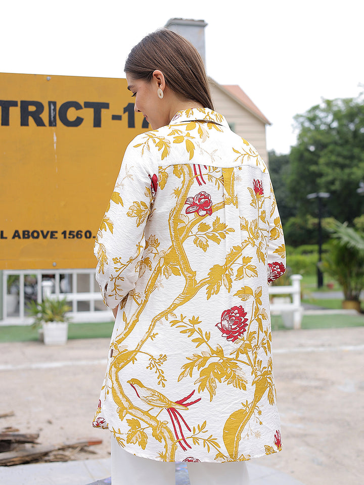 Mustard Floral Print Mid-Thigh Length Shirt
