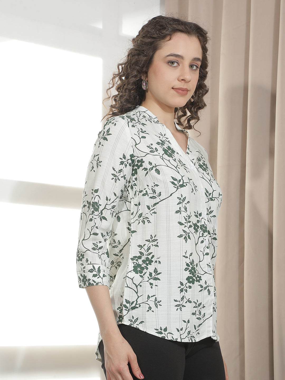 Green Floral Print V-Neck Linen Shirt