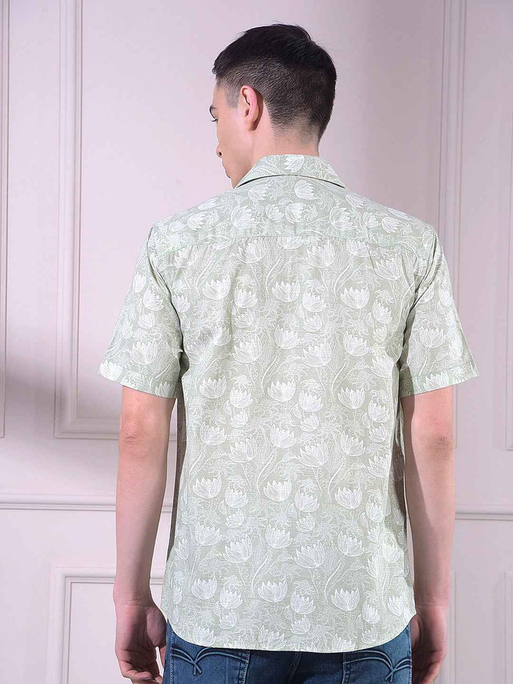 Green Linen Floral Print Shirt