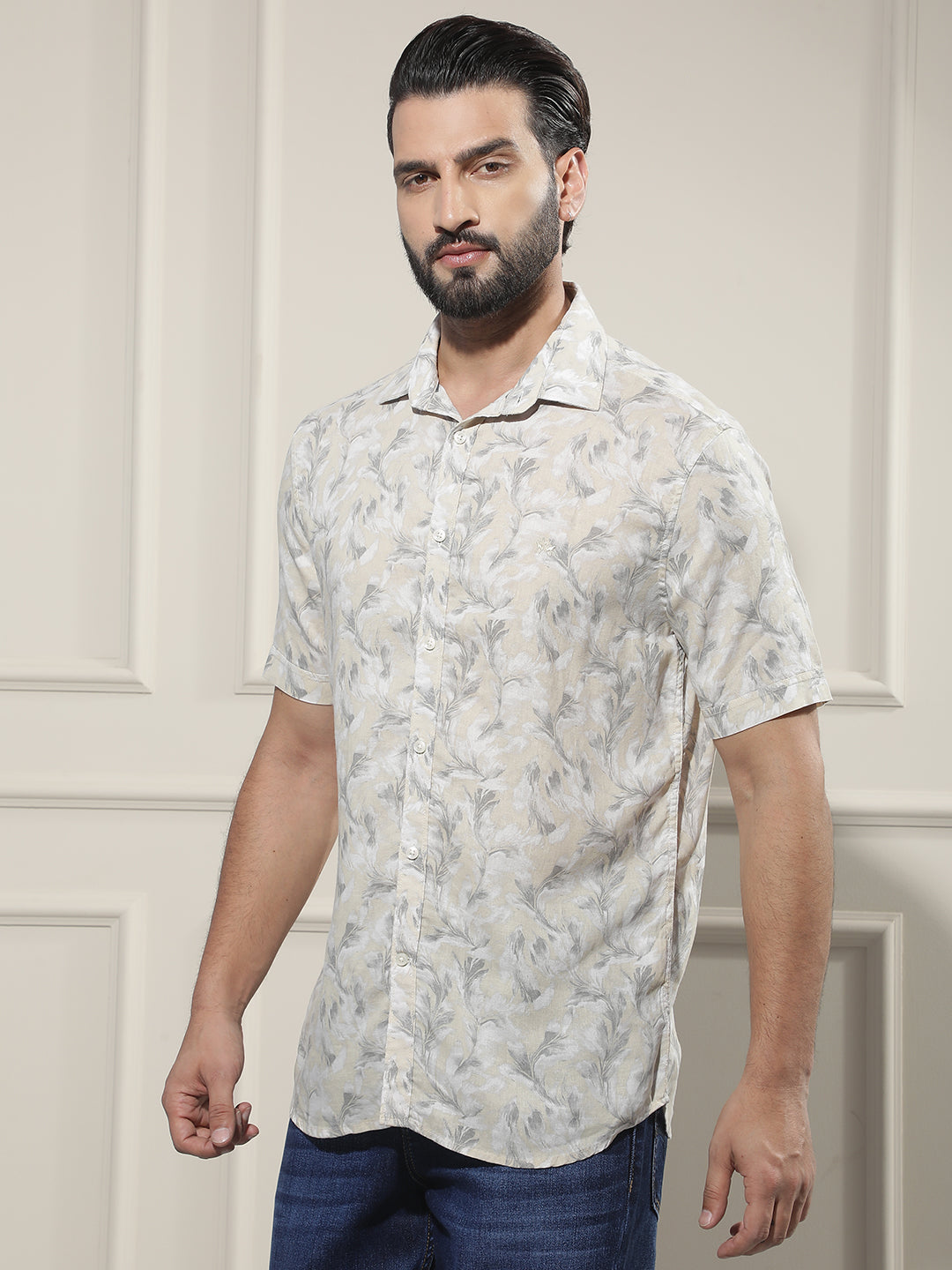Grey Floral Print Linen Shirt