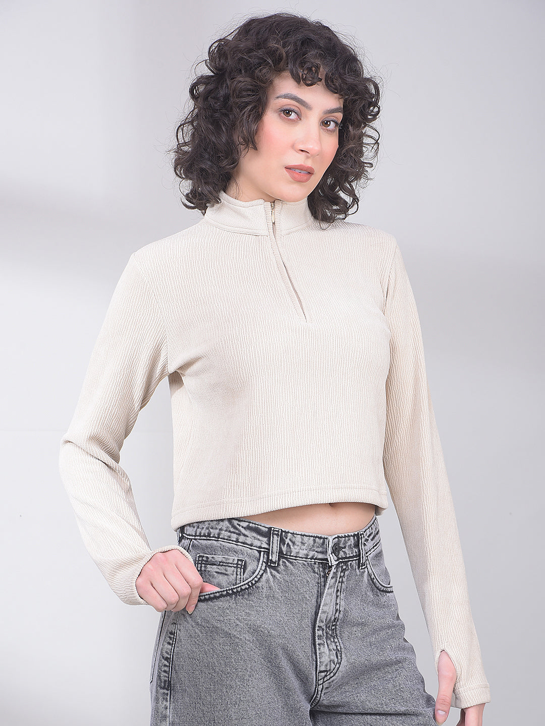 Soft Ivory Ribbed Zip-Neck Crop Top