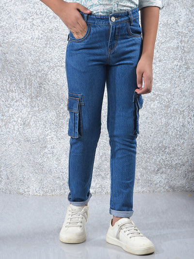 Blue 100% Cotton Straight Cargo Jeans