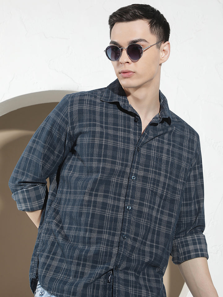 Blue Checked 100% Cotton Corduroy Shirt