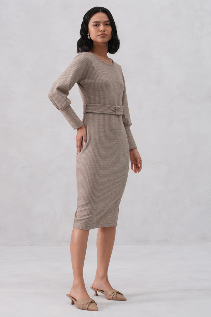 Beige Vertical Stripes Winter Bodycon Belted-Dress