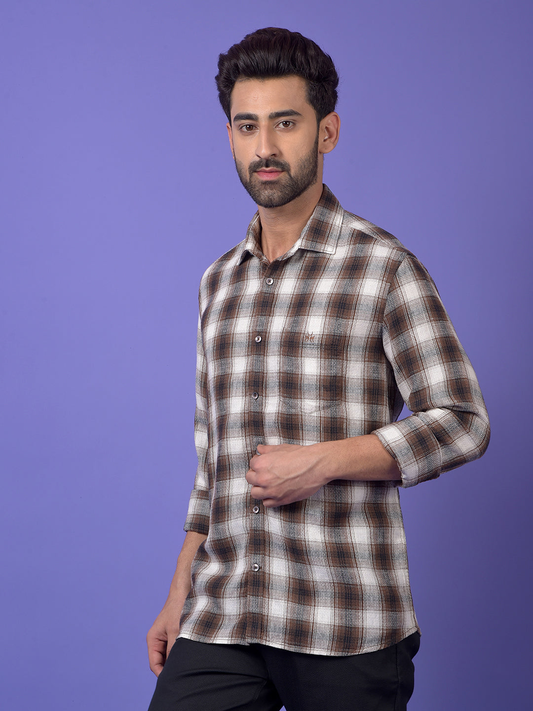 Brown Checked Linen Shirt