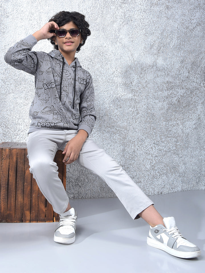 Grey Graphic Print Hooded Neck Sweatshirt