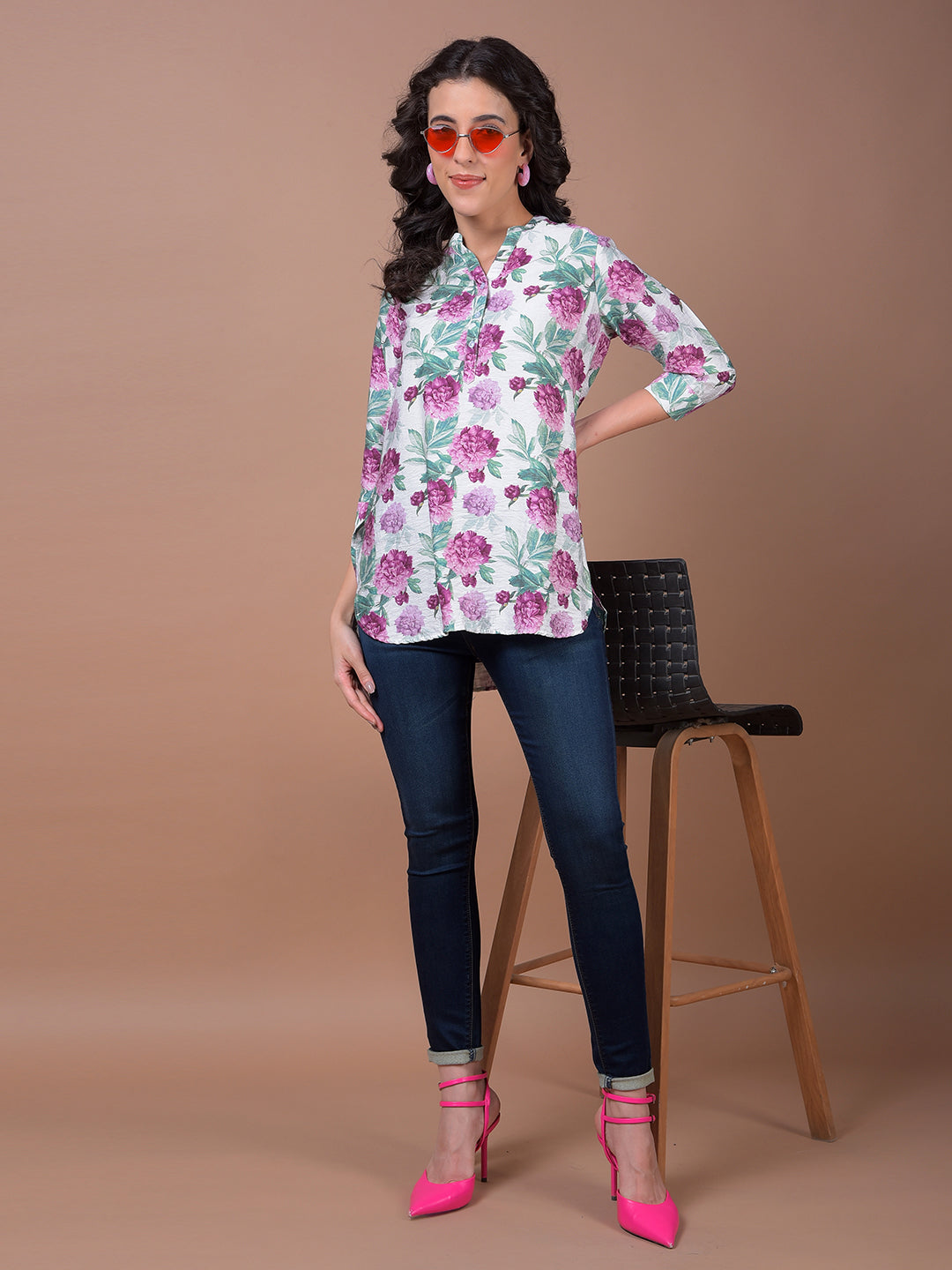 Purple Floral Print V-Neck Top