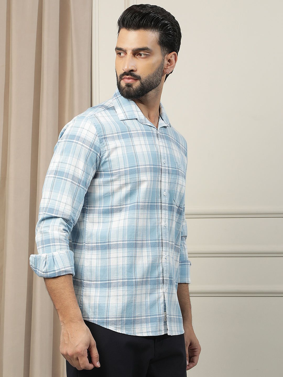 Pastel Blue 100% Cotton Checked Shirt