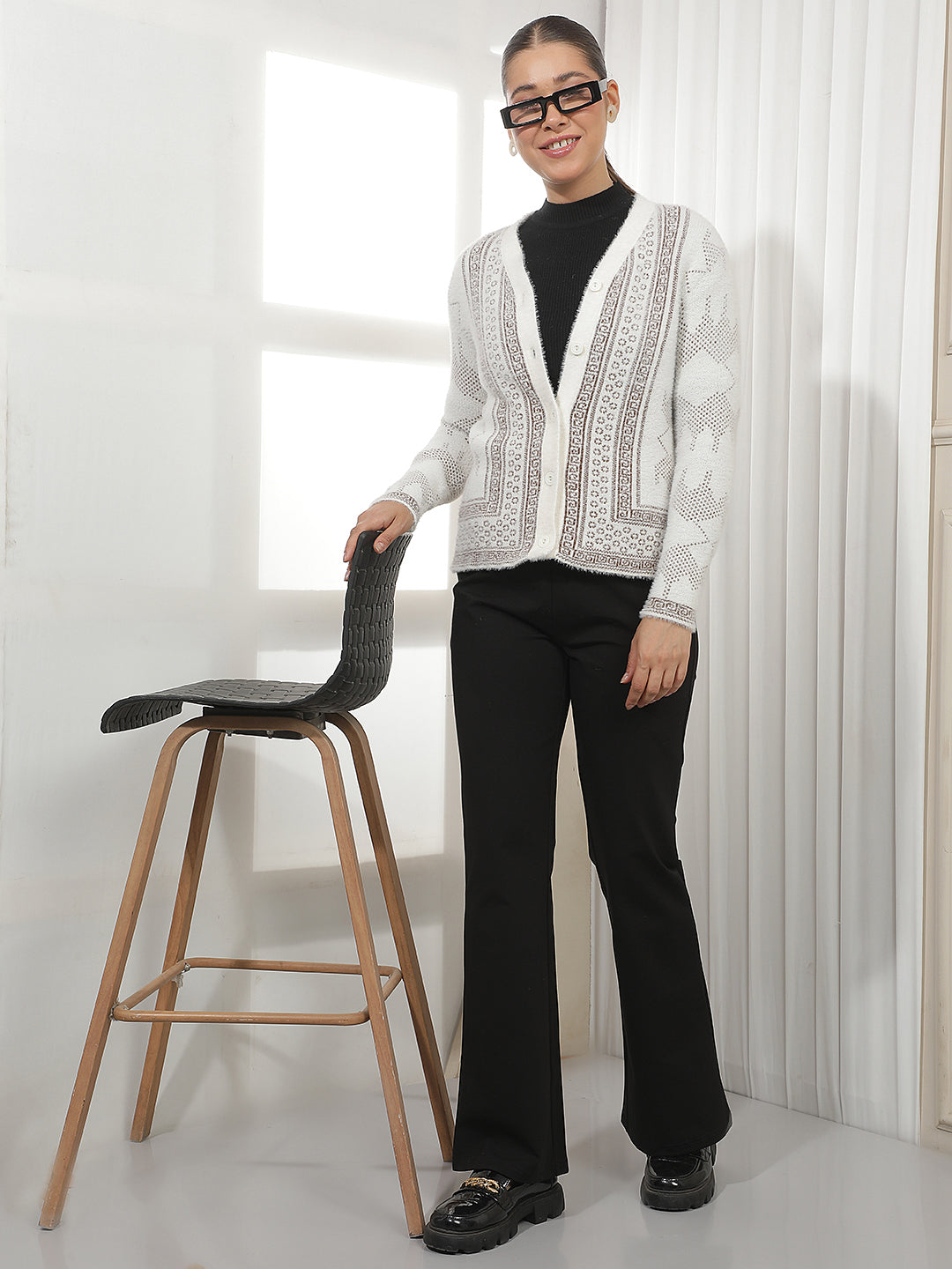Off White Jacquard V-Neck Cardigan