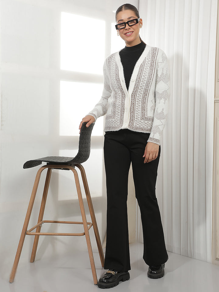 Off White Jacquard V-Neck Cardigan