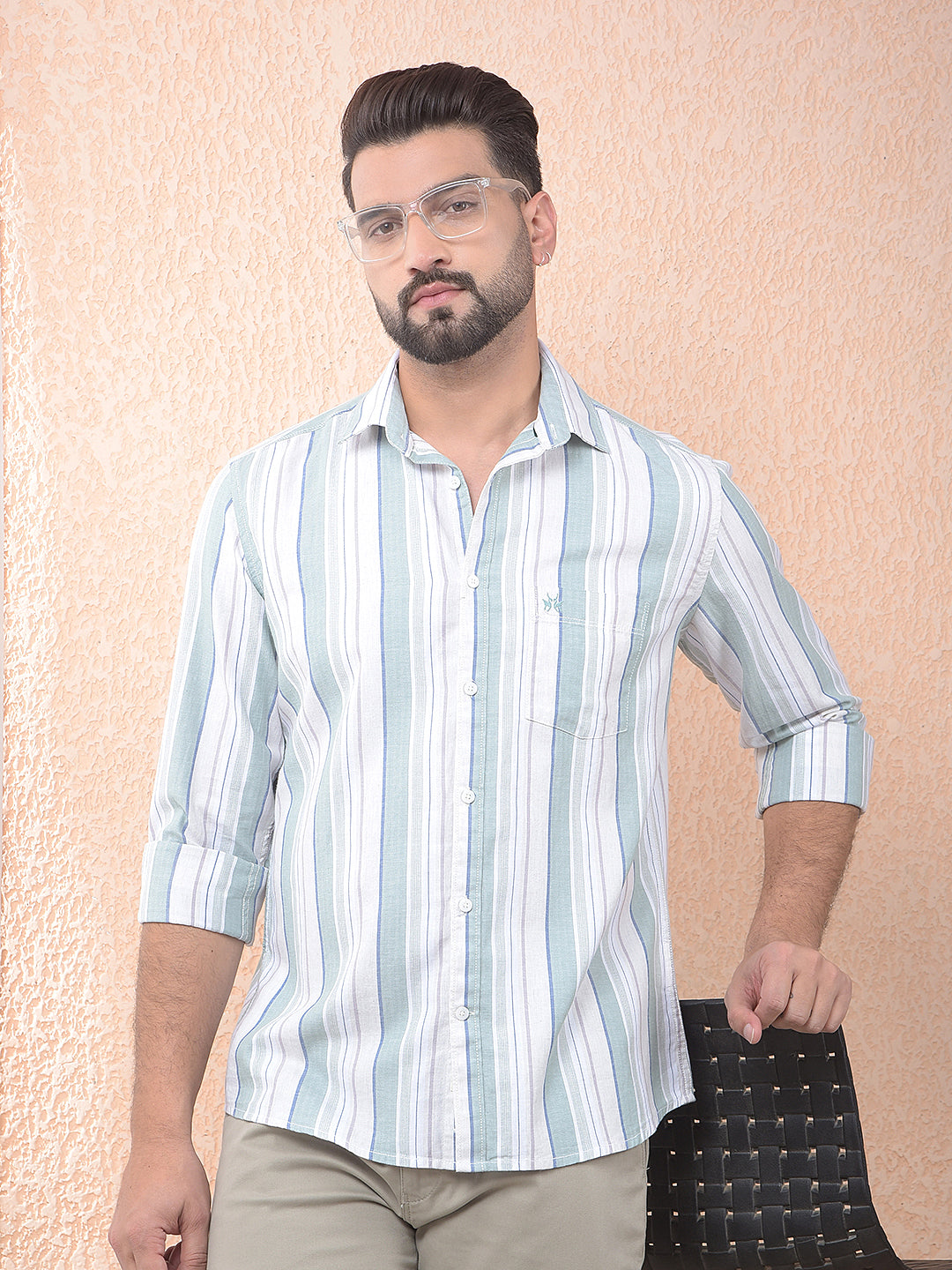 Green Vertical Stripes 100% Cotton Shirt