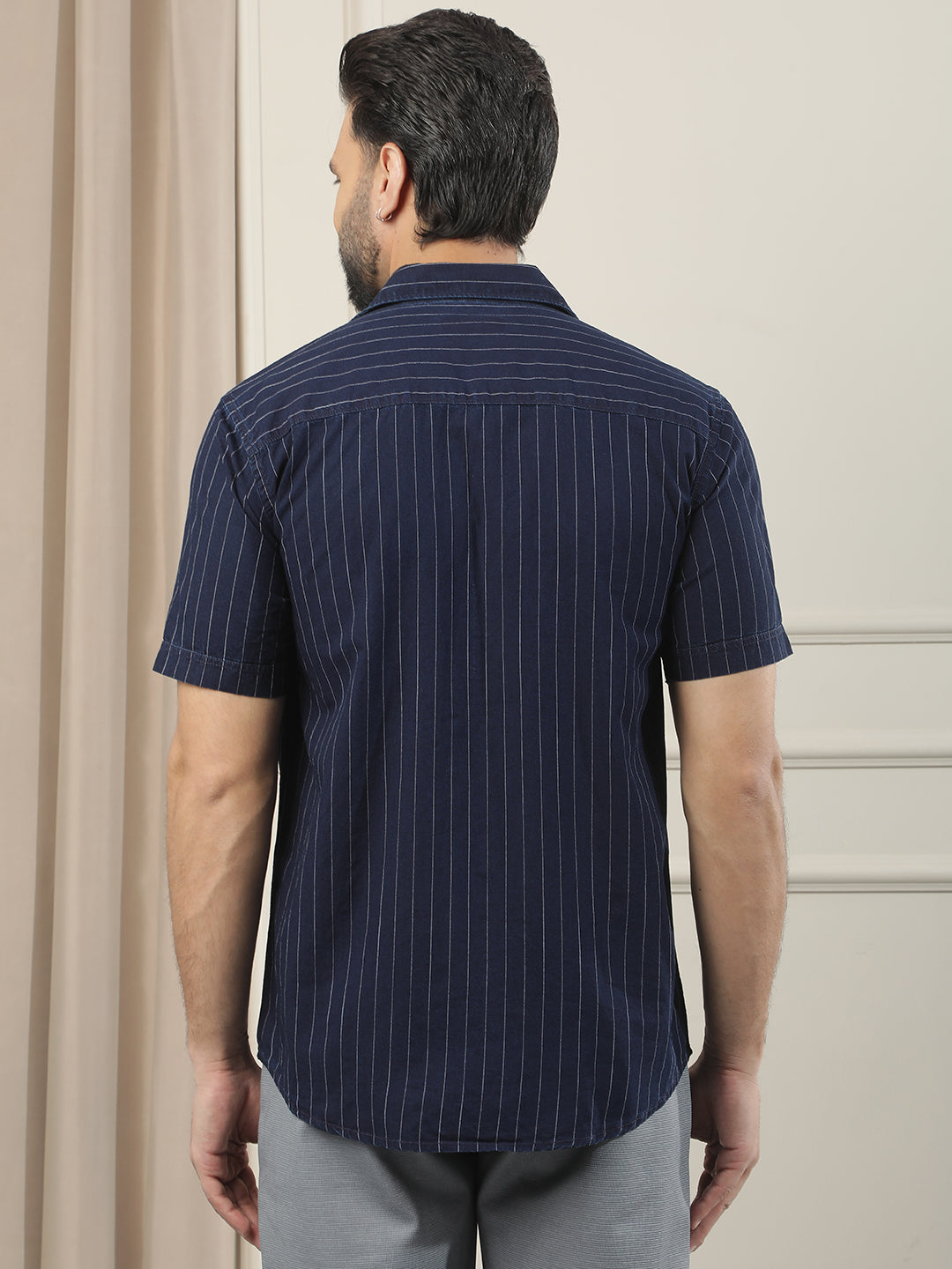Navy Blue Vertical Striped 100% Cotton Shirt