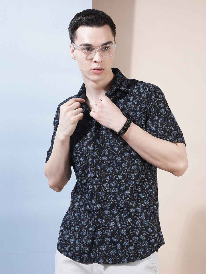 Navy Blue Floral Print Shirt