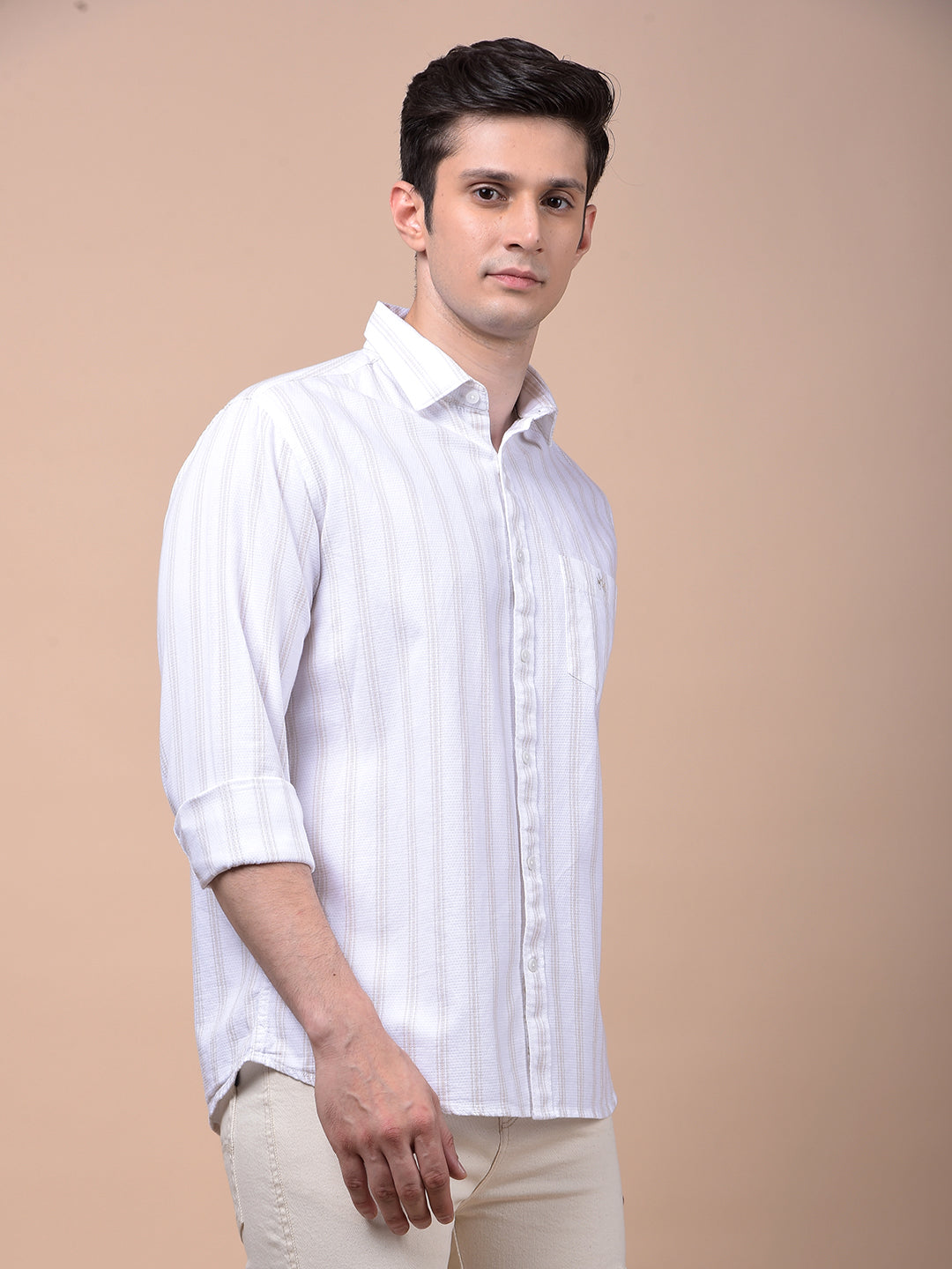 Beige Vertical Stripes 100% Cotton Shirt